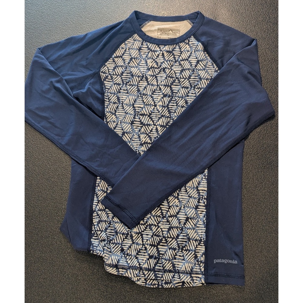 Patagonia Kids Girls L 12 Long Sleeve Rash Guard Navy Blue Geometric Swim Shirt